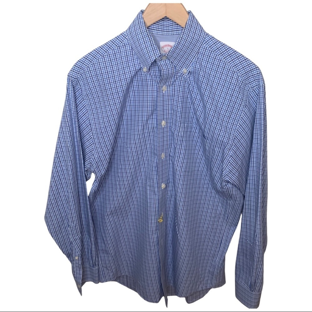 BROOKS BROTHERS Regular Fit Button Down Shirt Blue & White Plaid Cotton No Iron